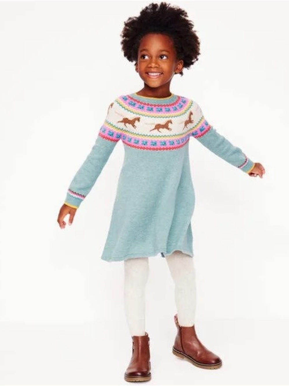 Mini Boden Fair Isle Jumper Sweater Dress With Horses
